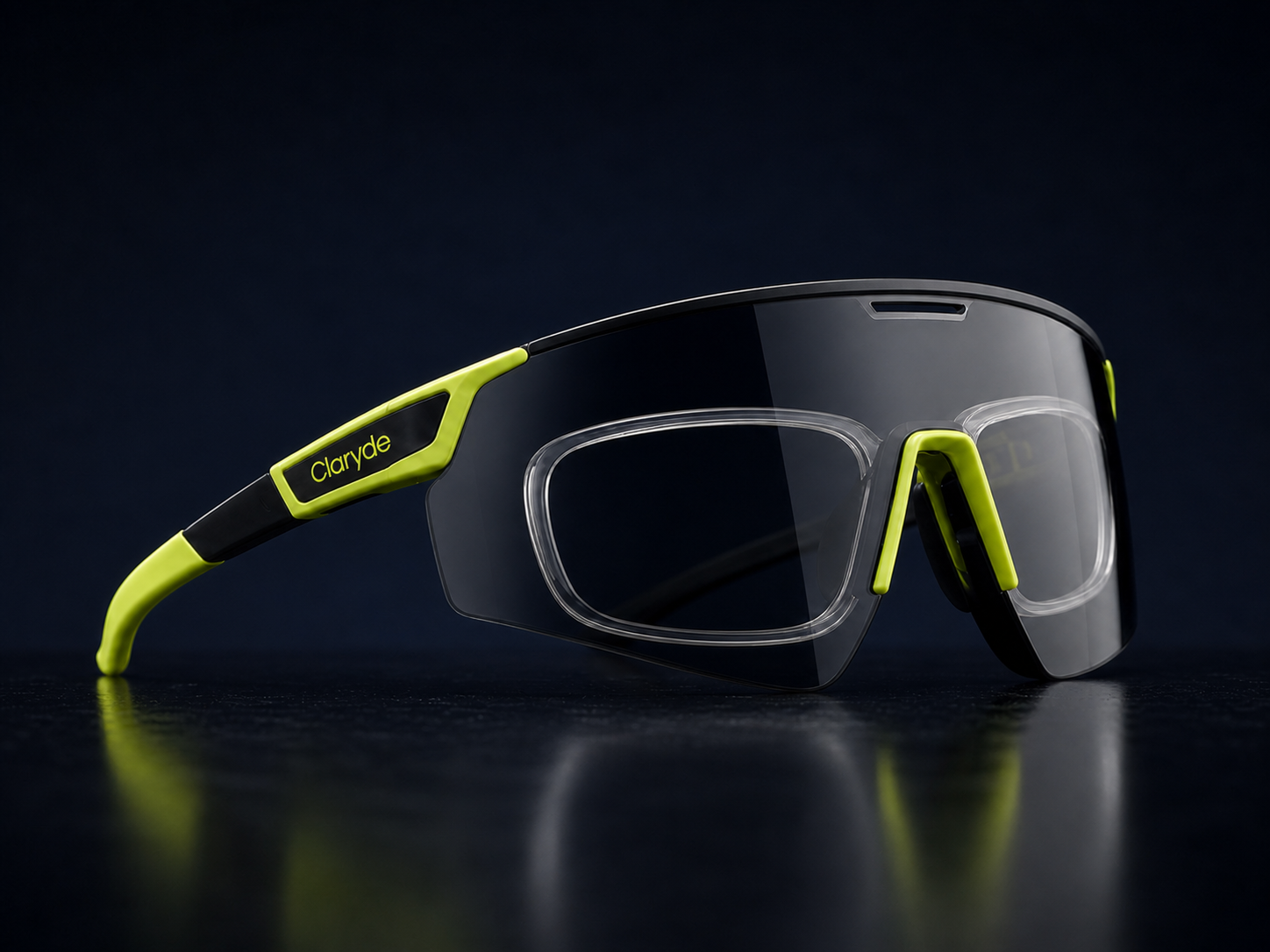 Final Claryde shield cycling glasses shown from the opposite forty-five degree angle in a dark studio