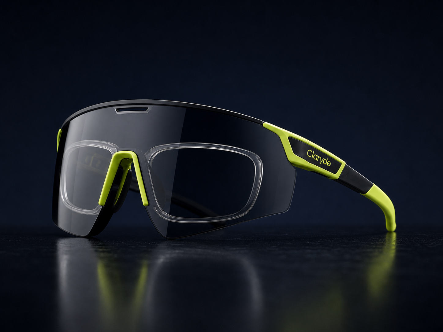Final Claryde shield cycling glasses shown from a left-front angle with transparent RX insert visible