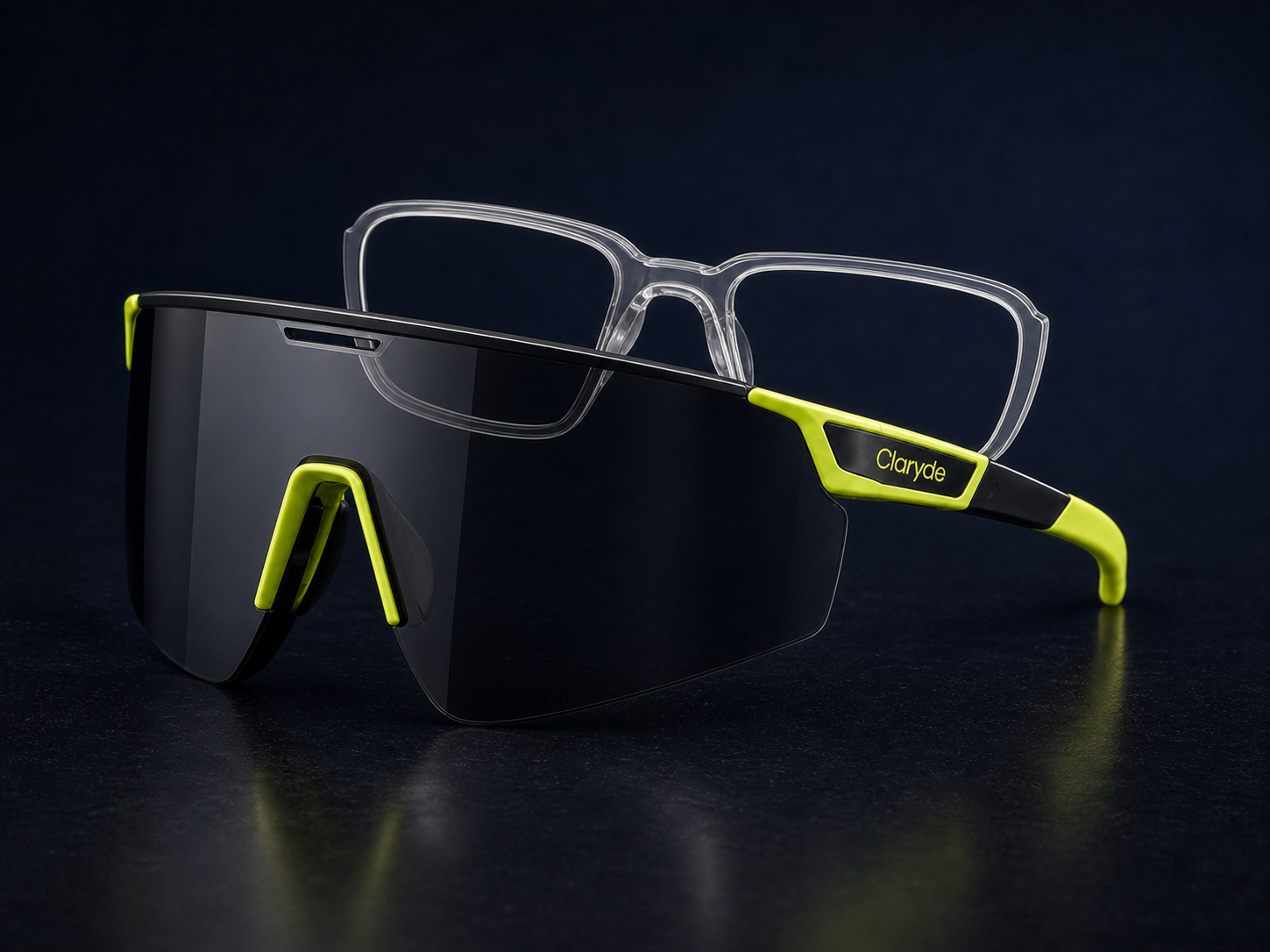 Final Claryde shield cycling glasses showing the outer shield and removable transparent RX insert system